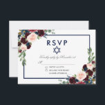 Bat mitzvah OSA i Burgundy Blue Blommigt Silver<br><div class="desc">Watercolor Burgundy Marsala Blue Blommigt Bat mitzvah Silver OSA kort</div>