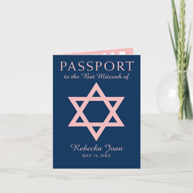 Bat mitzvah pass för blått- och rosadavidsstjärna inbjudan (Framsida)
