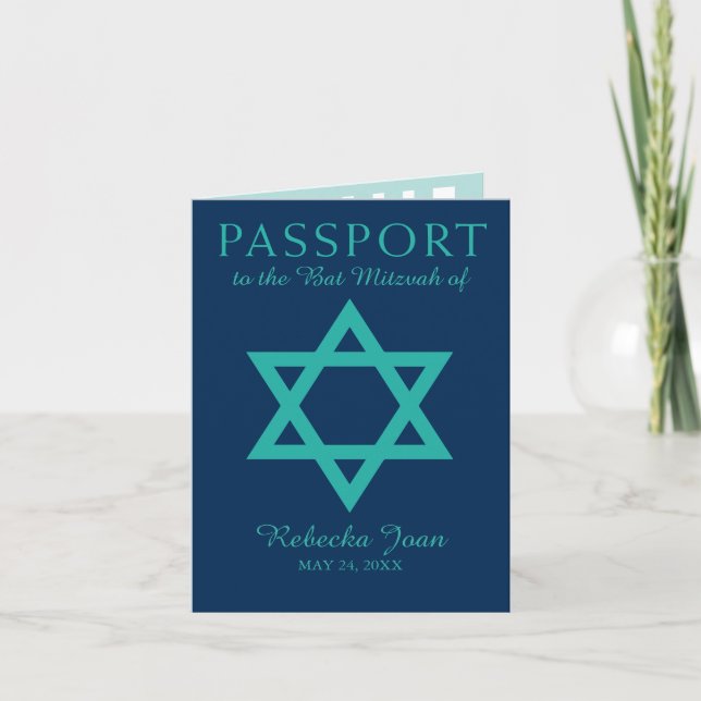 Bat mitzvah pass för blåttkrickadavidsstjärna inbjudan (Framsida)