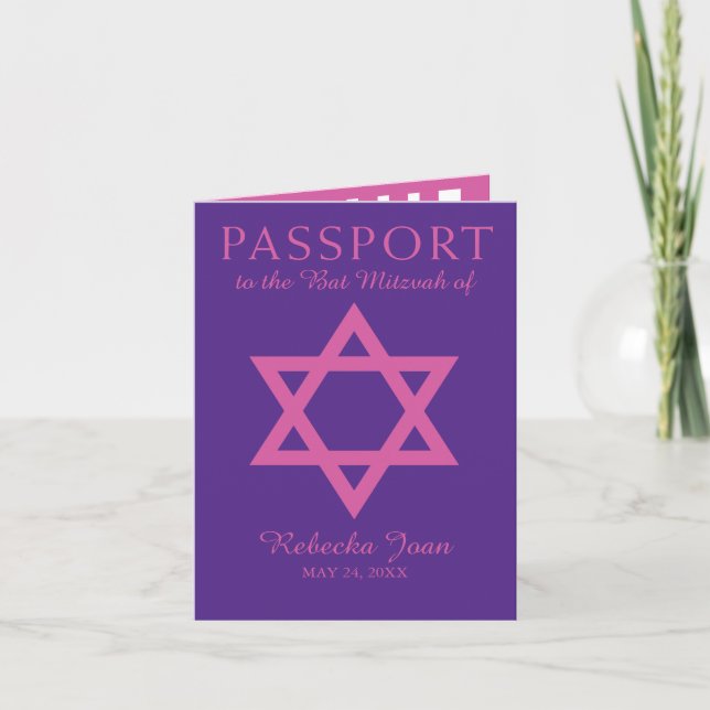 Bat mitzvah pass för purpurfärgad och rosa inbjudan (Framsida)