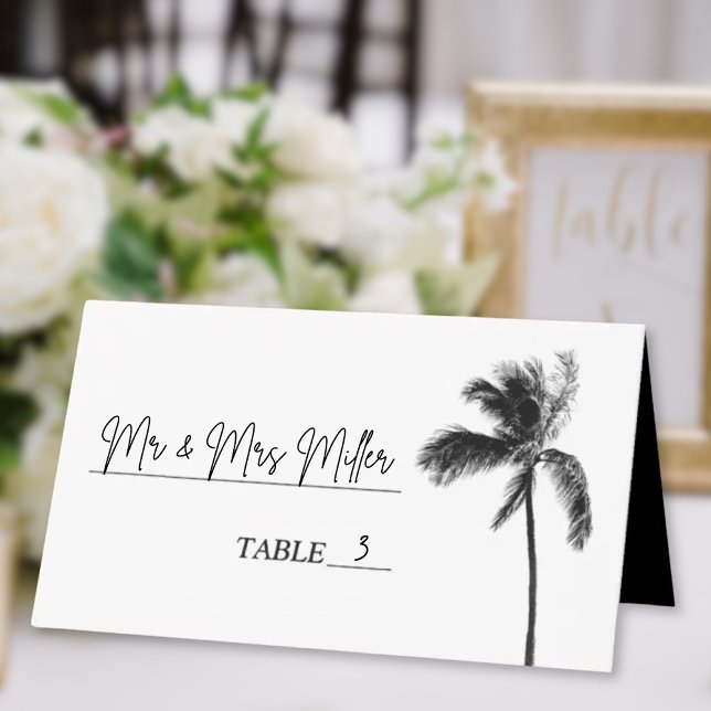 Bat mitzvah platskort för svart och vitt Handflata Placeringskort (Black and White Palm Tree Bat Mitzvah Place Card
)