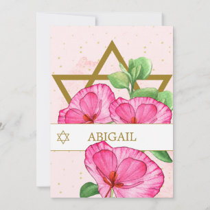 Bat mitzvah Poppies Blommigt Guld Rosa Star of Dav Inbjudningar