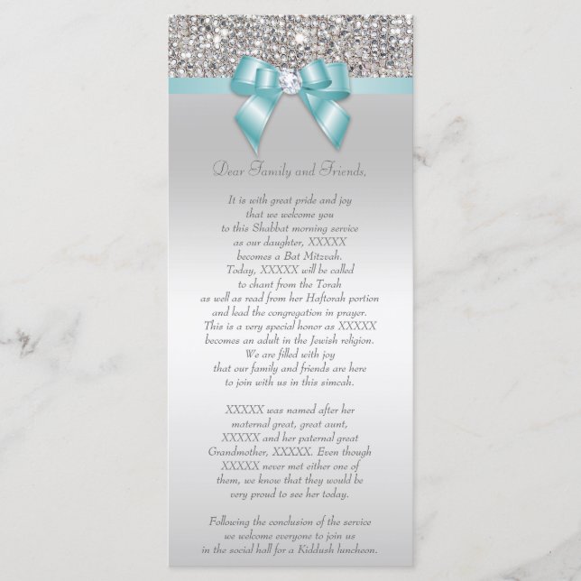 Bat mitzvah programmet Silver Sequin Teal Bow Program (Framsida)