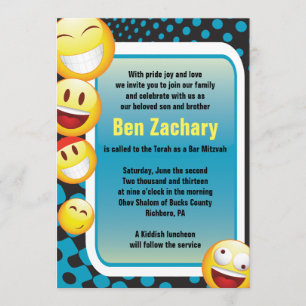 Bat mitzvah pub för LYCKLIG EMOJI Inbjudan-i blått Inbjudningar