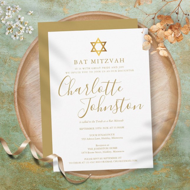 Bat mitzvah, Pub Mitzvah Modern Guld-skript Inbjudningar (Bat Mitzvah, Bar Mitzvah Modern Gold Script Invitation)