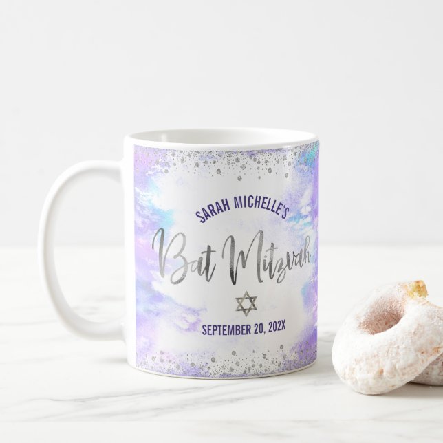 Bat Mitzvah Purple Watercolor Silver Script Modern Kaffemugg (Med munk)