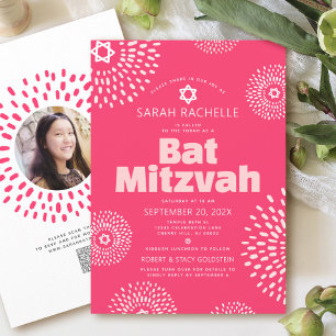 Bat mitzvah QR-kodens Rosa Foto Starburst Pop Retr Inbjudningar