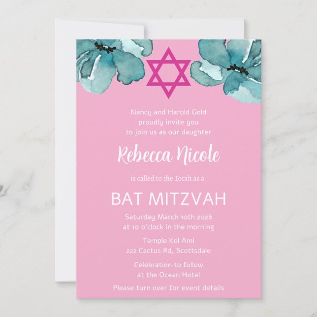 Bat mitzvah QR Rosa Watercolor-Blommigt Inbjudningar (Framsida)