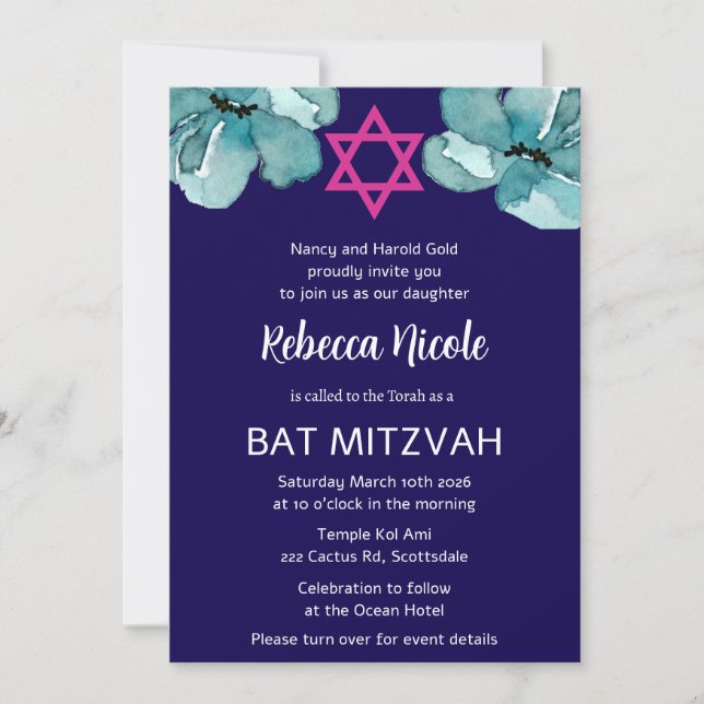 Bat mitzvah QR Rosa Watercolor-Blommigt Inbjudningar (Framsida)