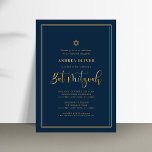 Bat mitzvah Ram-skript för marinblått och Guld Dub Inbjudningar<br><div class="desc">Fira Pub Mitzvah med denna moderna inbjudan till elegant,  som innehåller er anpassningsbar. Lägg enkelt till dina egna uppgifter genom att klicka på alternativet "anpassa".</div>