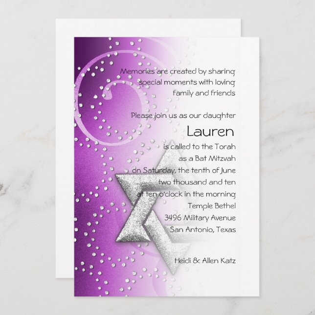 Bat mitzvah Raspberry Shimmer Star of David Inbjudningar (Fram/baksida)
