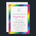 BAT MITZVAH regnbåge rand mönster silver glitter Inbjudningar<br><div class="desc">med kat masard >> https://linktr.ee/simplysweetpaperie <<< A fet och skarp regnbågsbunden design för ditt barns BAT MITZVAH INVITATIONER. Wow dina vänner och din familj med detta lilla nummer;D-format som mall är det enkelt att lägga till egna uppgifter, lägga till ditt foto eller slått anpassa knappen och du kan lägga till...</div>