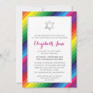 BAT MITZVAH regnbåge rand mönster silver glitter Inbjudningar