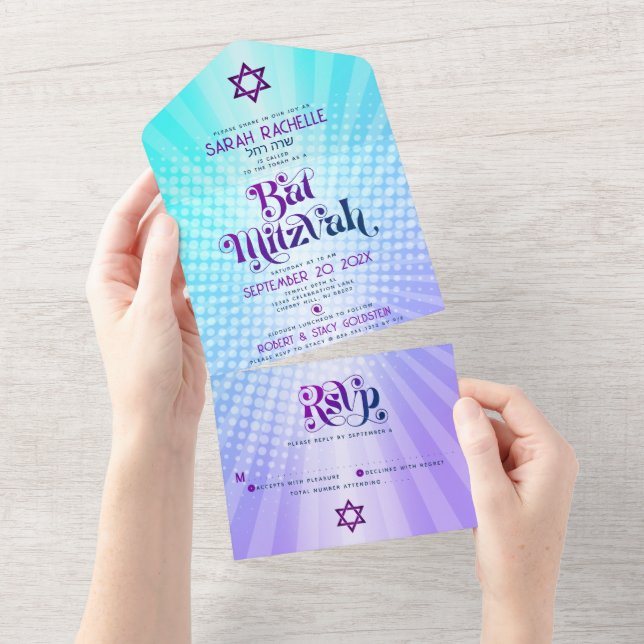 Bat Mitzvah Retro Blå Lila Gradient Boho Fetstil (Avrivbar del)
