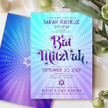 Bat Mitzvah Retro Boho Blå Lila Gradient Djärv Inbjudningar<br><div class="desc">Var stolt, gläd dig och visa upp denna milstolpe för din favorit Bat Mitzvah med denna roliga boho retro, personliga inbjudan! Rolig, trendig, djärv lila och marinblå typografi med modern sans serif-typografi överlagrar en bakgrund av pop-ljus turkos och lila ombre-gradientstrålar med vita prickar. På baksidan överlagrar en vit David-stjärna en...</div>