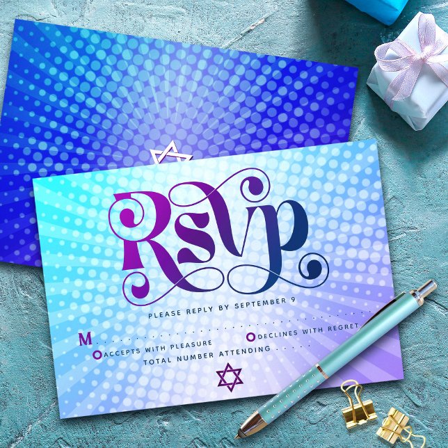 Bat Mitzvah Retro Boho Blå Lila Gradient Djärv OSA Kort (Skapare uppladdad)