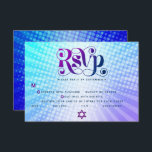 Bat mitzvah Retro Boho Blue Lila Gradient Entrée OSA Kort<br><div class="desc">Var stolt, gladd och visa den här milstolpen av din favoritBat mitzvah! Inkludera det här boho, retro, OSA för personlig-inmatningskort för din händelse. Roligt, trendig, fet lila och marin blå typografi med modern sans serif-typografi täcker över en bakgrund av poplight turkos och lila gradientstrålar med vita prickar. På baksidan överträffar...</div>