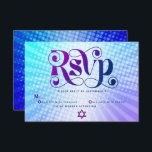 Bat mitzvah Retro Boho Blue Lila Gradient fet OSA Kort<br><div class="desc">Var stolt, gladd och visa den här milstolpen av din favoritBat mitzvah! Inkludera det här boho, retro, OSA för personlig-inmatningskort för din händelse. Roligt, trendig, fet lila och marin blå typografi med modern sans serif-typografi täcker över en bakgrund av poplight turkos och lila gradientstrålar med vita prickar. På baksidan överträffar...</div>