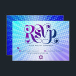 Bat mitzvah Retro Boho Blue Lila Gradient fet OSA Kort<br><div class="desc">Var stolt, gladd och visa den här milstolpen av din favoritBat mitzvah! Inkludera det här boho, retro, OSA för personlig-inmatningskort för din händelse. Roligt, trendig, fet lila och marin blå typografi med modern sans serif-typografi täcker över en bakgrund av poplight turkos och lila gradientstrålar med vita prickar. På baksidan överträffar...</div>