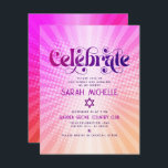 Bat mitzvah Retro Boho Rosa Orange Gradient fet Tilläggskort<br><div class="desc">Var stolt, gladd och visa den här milstolpen av din favoritBat mitzvah! Inkludera den här Groovy boho-retro, infoga personlig om du vill ha mer information om din händelse. Roligt, trendig, shock rosa med fetstil och typografi av lila med modern sans serif-typografi täcker över en bakgrund av poplight orange och gradientstrålar...</div>