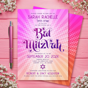 Bat Mitzvah Retro Boho Rosa Orange Gradient Fetsti Inbjudningar