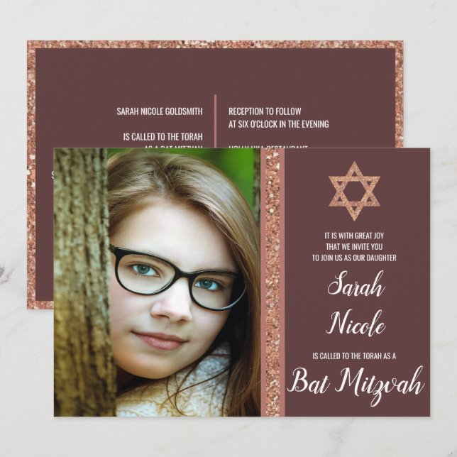Bat mitzvah Ro Guld, modern foto Chic Glitter Inbjudningar (Fram/baksida)