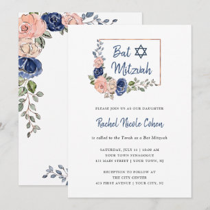 Bat mitzvah rodna och marinblå blom- geometrisk inbjudningar