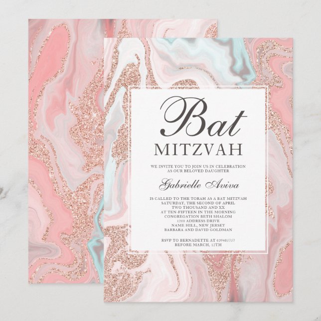 bat mitzvah rosa av korall vid ro glitter inbjudningar (Fram/baksida)