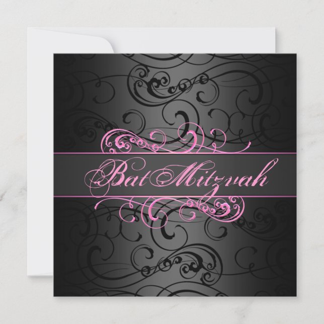 Bat mitzvah Rosa & Black Swirl Birthday-inbjudan Inbjudningar (Framsida)