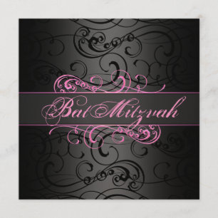 Bat mitzvah Rosa & Black Swirl Birthday-inbjudan Inbjudningar