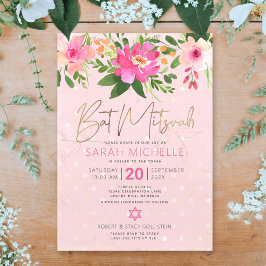Bat mitzvah Rosa Blommigt för vattenfärg Modern sk Inbjudningar