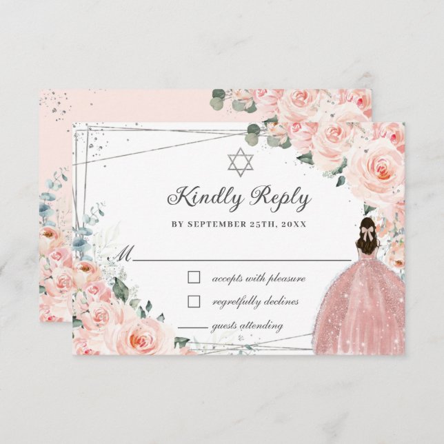 Bat mitzvah Rosa Blommigt Silver OSA Kort (Fram/baksida)