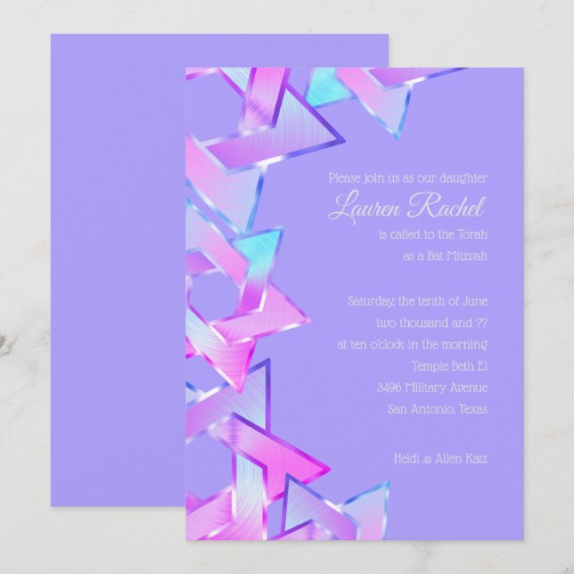 Bat mitzvah Rosa Blue Lila Star of David Inbjudningar (Fram/baksida)
