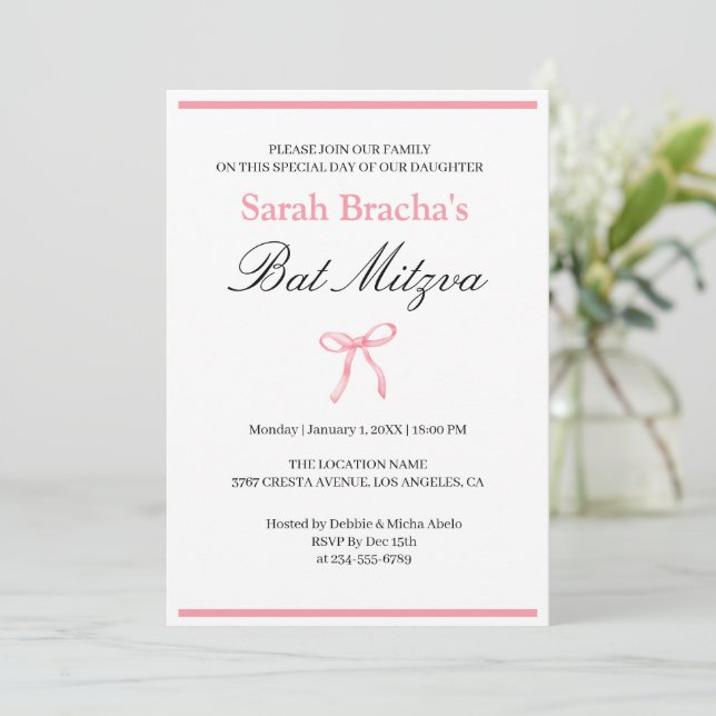 Bat Mitzvah Rosa Coquette Vattenfärg Bow Inbjudningar (Stående Fram)