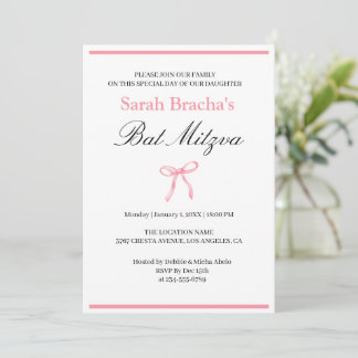 Bat Mitzvah Rosa Coquette Vattenfärg Bow Inbjudningar