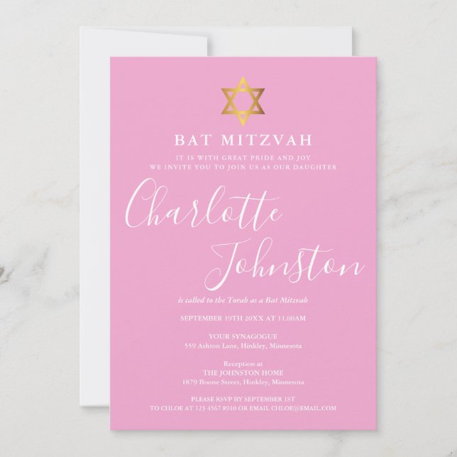 Bat Mitzvah Rosa Elegant Handskrift Inbjudningar (Framsida)