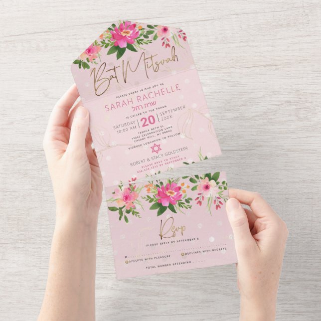 Bat mitzvah Rosa Guld Blommigt Skript Vattenfärg (Avrivbar del)