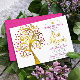 Bat mitzvah Rosa guldfärgskript Livets träd Inbjudningar