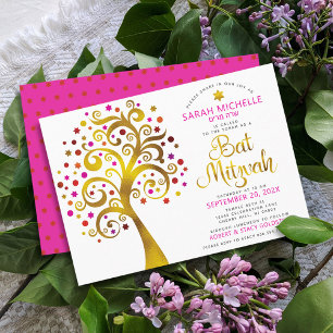 Bat mitzvah Rosa guldfärgskript Livets träd Inbjudningar