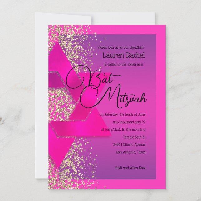 Bat mitzvah Rosa Lila Ombre Guld Glitter Inbjudningar (Framsida)