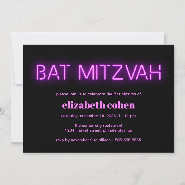 Bat mitzvah Rosa Neon Ljus Inbjudningar (Framsida)