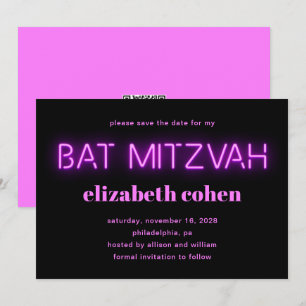 Bat mitzvah Rosa Neon Ljus QR-kod Spara datum Inbjudningar