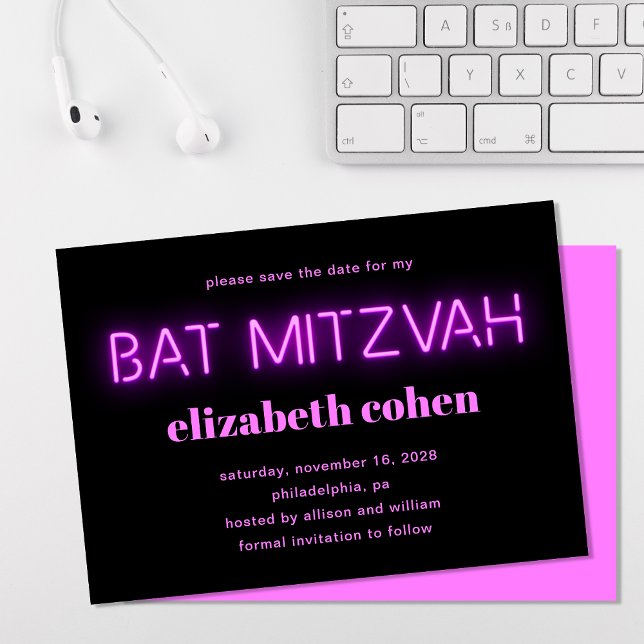 Bat mitzvah Rosa Neon Ljus Spara datum Inbjudningar (Skapare uppladdad)