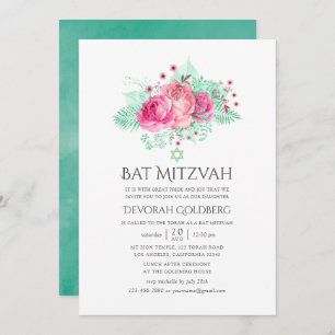 Bat mitzvah rosa och Blommigt för minpunkter Inbjudningar