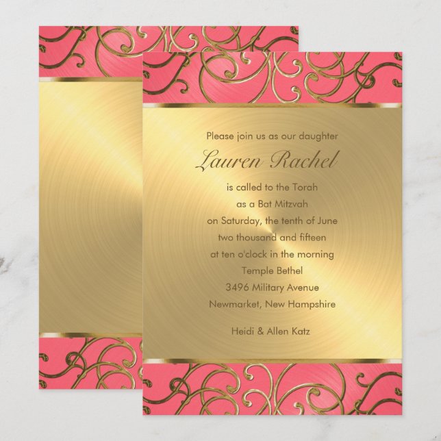 Bat mitzvah Rosa och Guld Filigree Swirls Inbjudningar (Fram/baksida)