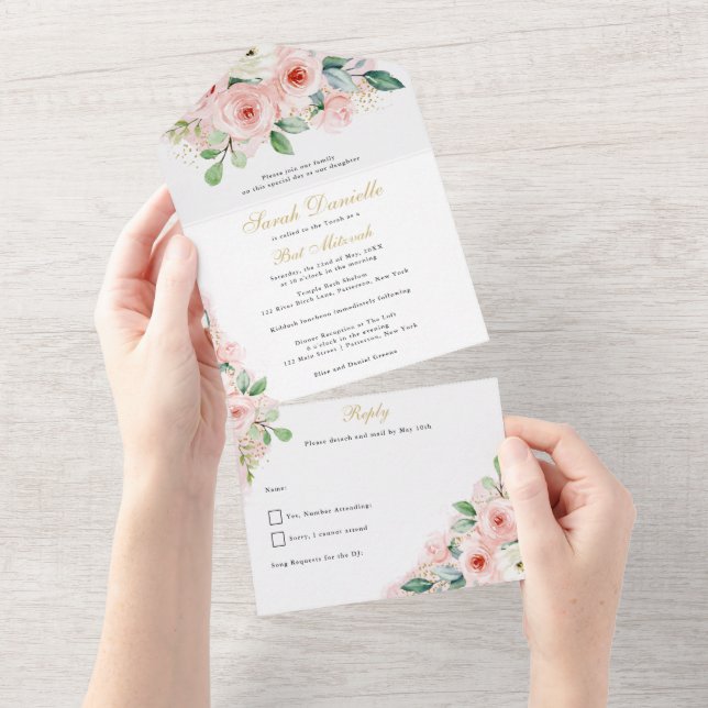Bat mitzvah, Rosa och Guld vattenfärgsblommor (Avrivbar del)