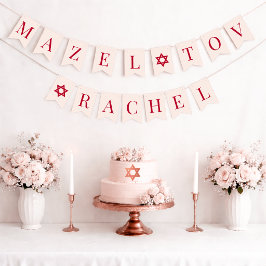 Bat Mitzvah Rosa Röd Mazel Tov Tjej Namn 6 Bokstäv Vimplar