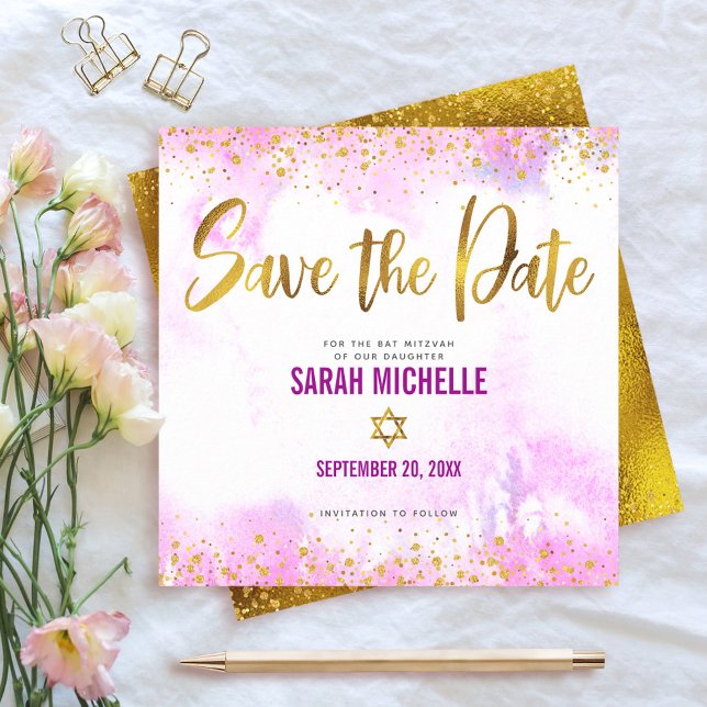 Bat mitzvah Rosa Skriptruta Guld med vattenfärg Spara Datumet (Skapare uppladdad)