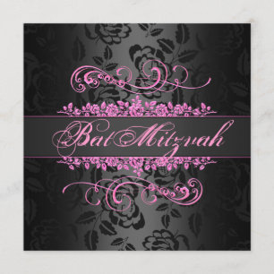 Bat mitzvah Rosa/Svarta Ro Swirl Birthday Inbjudan