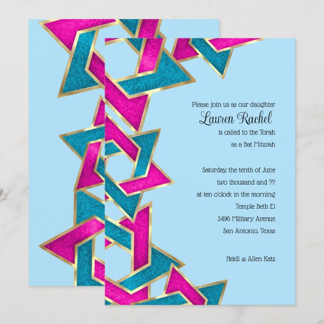 Bat mitzvah Rosa Turocise Star of David Inbjudningar (Fram/baksida)